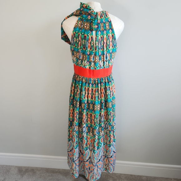 Eliza J Pleated Smocked Orange and Green Resort Maxi Dress - Picture 7 of 13